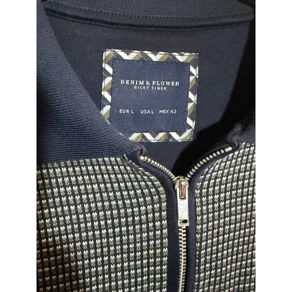 Denim & Flower Ricky Singh Men's Long Sleeve Zippered Polo Navy Patterned Large